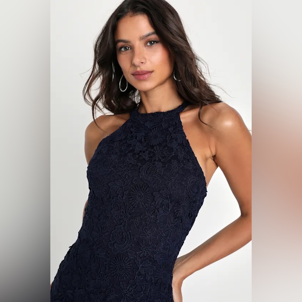 Lulus Love Poem Navy Blue Lace Halter Mini Dress Size Large - Picture 3 of 12
